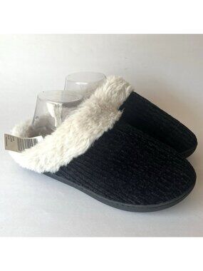 Isotoner Womens Faux Fur Slippers 9.5 - 10 US XL Comfort Black White Memory Foam
